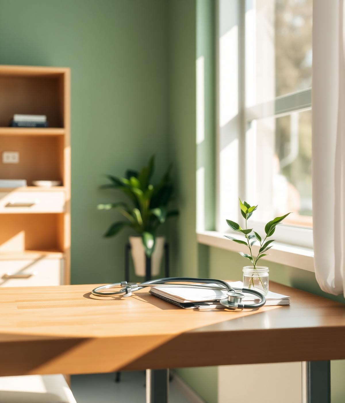 A warm, sunlit modern clinic interior with a stethoscope and small plant