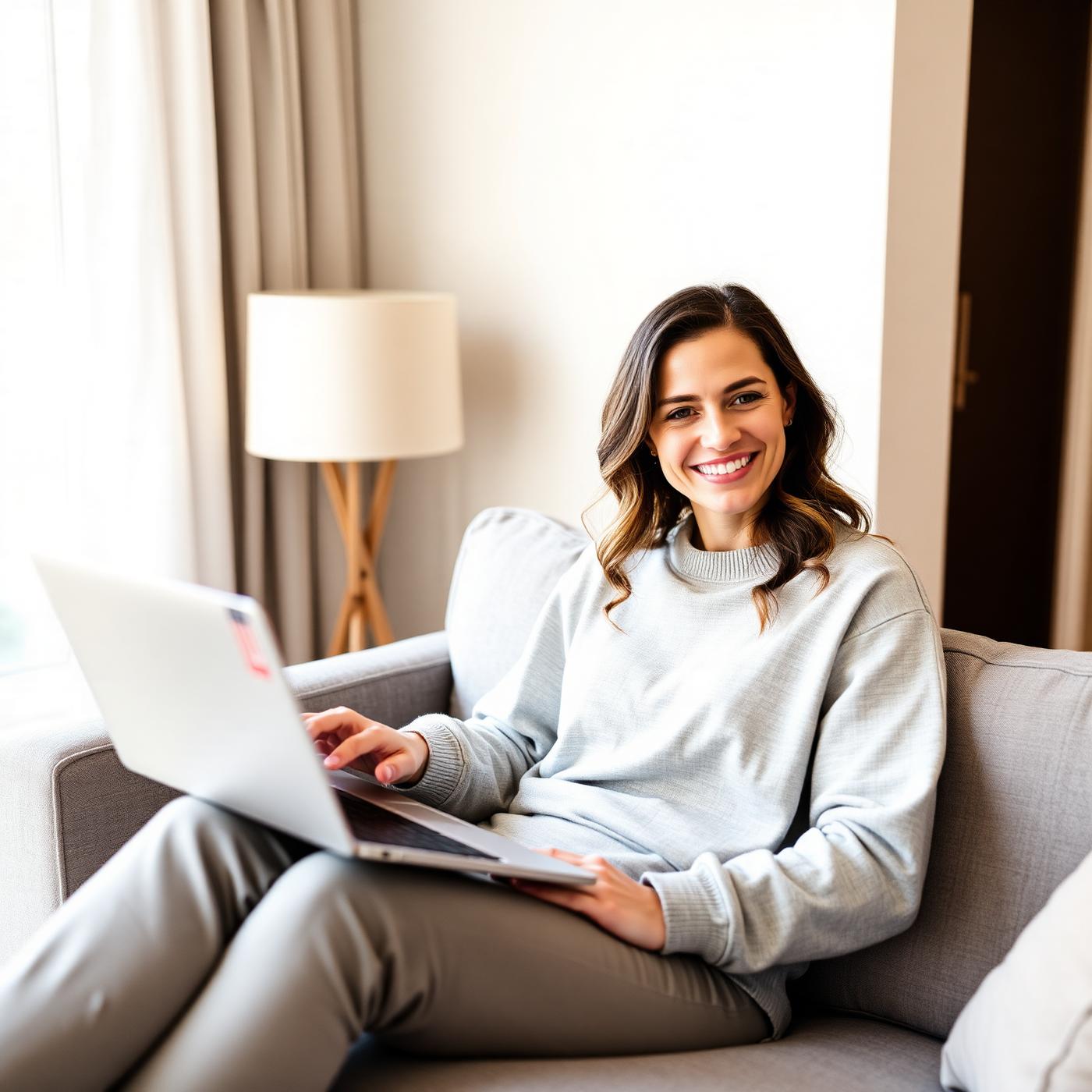 Woman on her sofa having a telemedicine visit with her provider