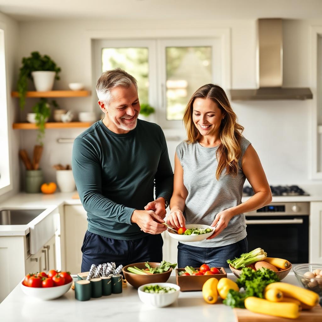 A healthy couple preparing a nutritious meal together